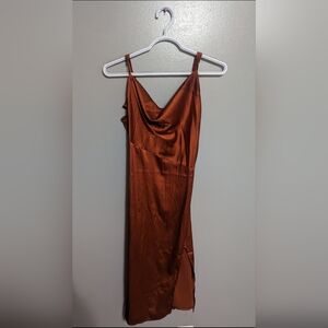 Women's Satin Drape Cowl Neck Cami Split Slit Midi Dress